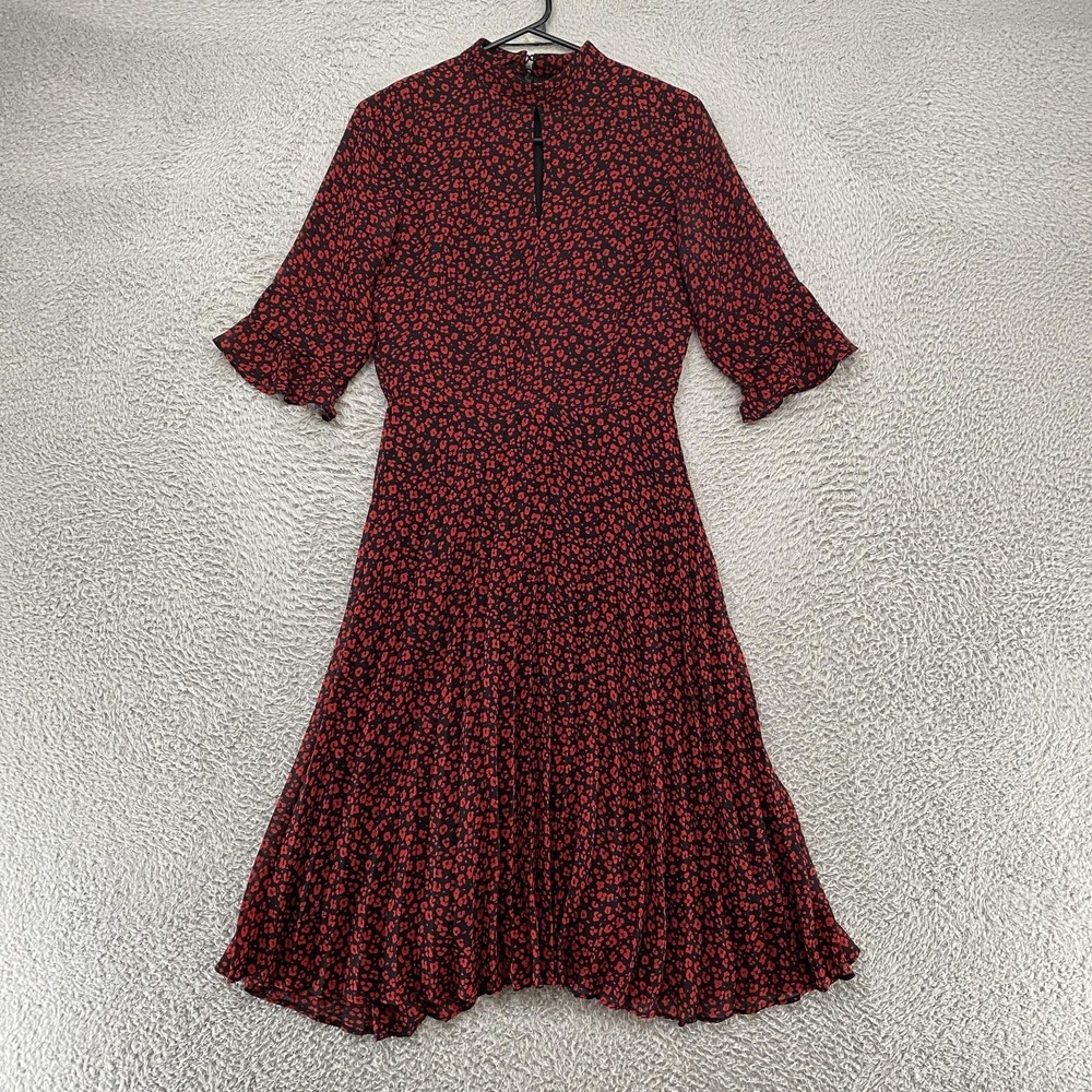 Sosandar Dress Womens 8 Red Animal Print Pleated Chiffon Midi Fit Flare Workwear